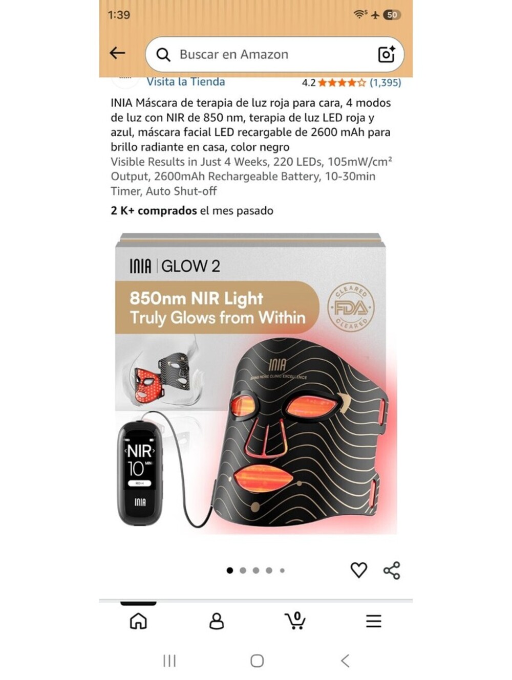 INIA Glow 2 LED Red Light Therapy Face Mask Pink 850nm NIR New Sealed.